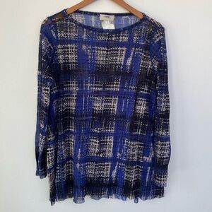 Fuzzi Plaid Blue Black Long Sleeve Sheer Nylon Blend Top M Medium Raw Hem Mesh
